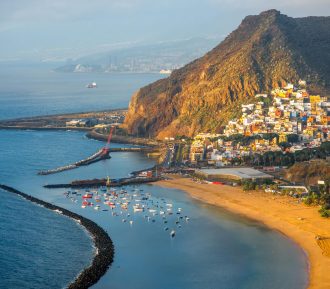 Aerial view on Teresitas beach near Santa Cruz de Tenerife on Canary islands, Spain.